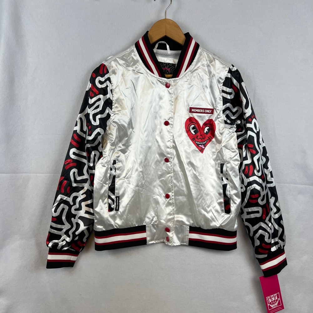 Members Only Keith Haring Womens Bomber Jacket White Satin Pop Art Sequins M NWT